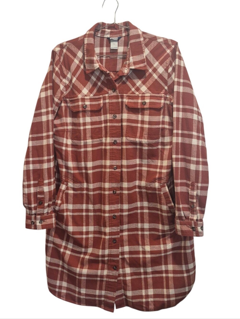 Duluth Trading Size Large Orange Flannel Dress With Pockets Button Front Plaid
